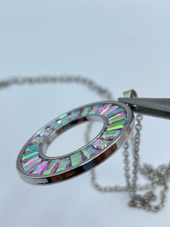 Silver Tone AB Crystal Circle Pendant Necklace Iridescent Baguette Halo - Picture 6 of 8